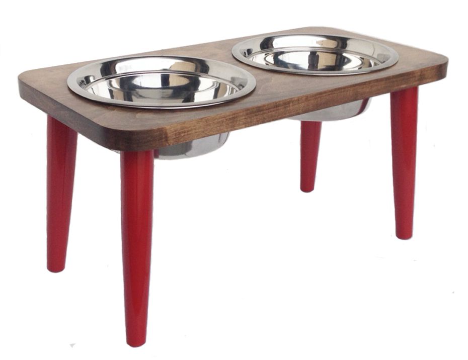 Southern Maple wood double bowl dog feeder with red carved legs